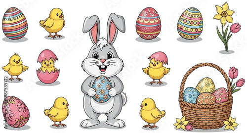 Cute Bunny png Happy Chick cutout Decorated Egg png Cartoon Rabbit cutout Colorful Eggs png Small Chick cutout Festive Basket png Spring Daffodil cutout Pink isolated transparent background image