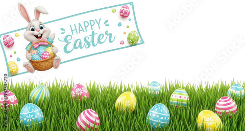 Cute bunny png Happy easter cutout Colorful eggs png Cartoon character cutout Springtime rabbit png Festive decoration cutout Smiling animal png Holiday basket isolated transparent background image
