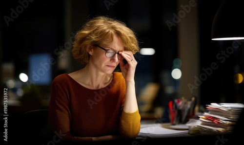 A tired woman sits at a desk late at night, rubbing her strained eyes from fatigue while grading a large pile of student assignments