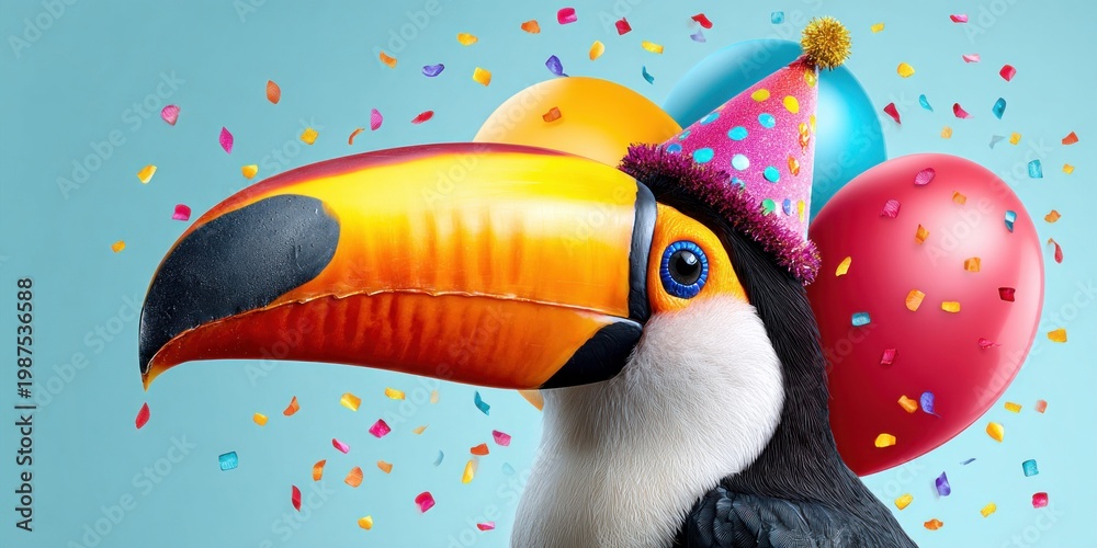 Obraz premium Toucan wearing a party hat with balloons and confetti, celebrating a birthday