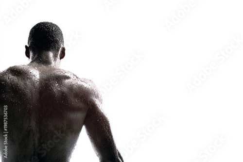A determined athlete with a muscular physique exudes strength, the droplets of sweat highlighting his rigorous training and dedication.