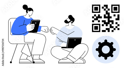 QR code concept. QR code connects digital tools for collaboration, enhancing workflow and communication. QR code enables seamless integration of devices. Perfect for tech, teamwork, coding