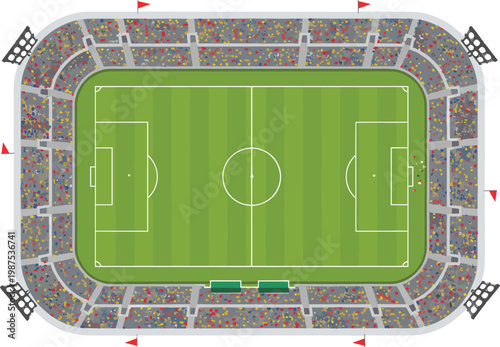 Vector illustration of soccer stadium top view with field, stands, spectators, and floodlights