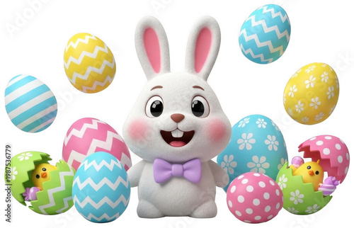 Cute Bunny png Happy Rabbit cutout Colorful Egg png Festive Chick cutout Pastel Easter png Adorable Animal cutout Cartoon Character png Decorated Shell cutout isolated transparent background image