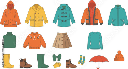 Vector illustration of autumn and winter clothing with jackets, boots, gloves, and umbrella accessories