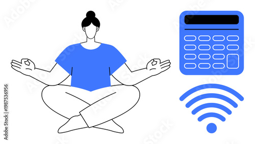 Mindfulness, digital balance, technology use, financial planning, meditation, remote work. A person in a meditative pose with a calculator and wireless symbol. Mindfulness and digital balance concept