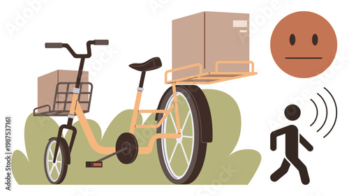 Sustainable transport, logistics, communication, urban mobility, delivery services, modern messaging. A cargo bicycle with boxes, a walking figure and a neutral face emotion. Sustainable transport
