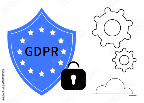Data protection, compliance, cybersecurity, legal regulations, information security, privacy rights. Shield with GDPR text, lock gears and cloud. Data protection and compliance visualization