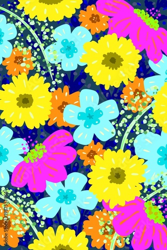 Colorful flowers pattern hand drawn doodle illustration