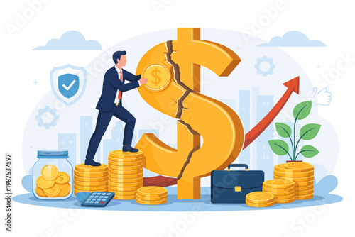 Businessman Fixing Cracked Dollar Sign with Gold Coins for Financial Recovery, Economic Stability, and Business Growth Concept with Stacks of Money, Rising Arrow, and Investment Success Elements.