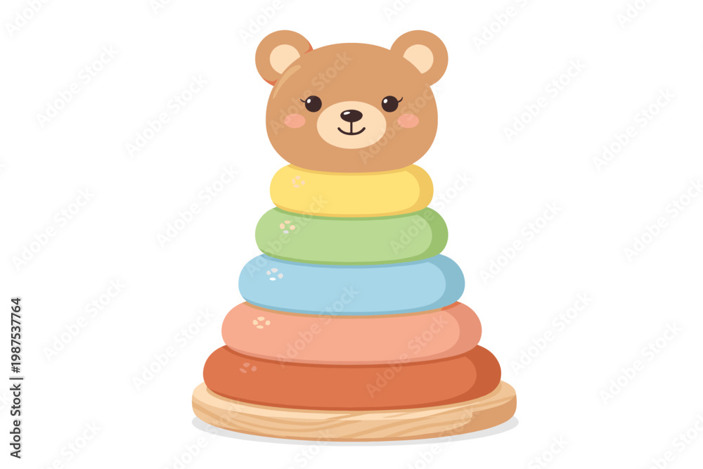 © faria - Cute Wooden Stacking Balance Toy with Bear Head Figure, Colorful Animal-Shaped Pyramid for Kids and Toddlers, Educational Preschool Nursery Game, Montessori Baby Toy Vector Illustration