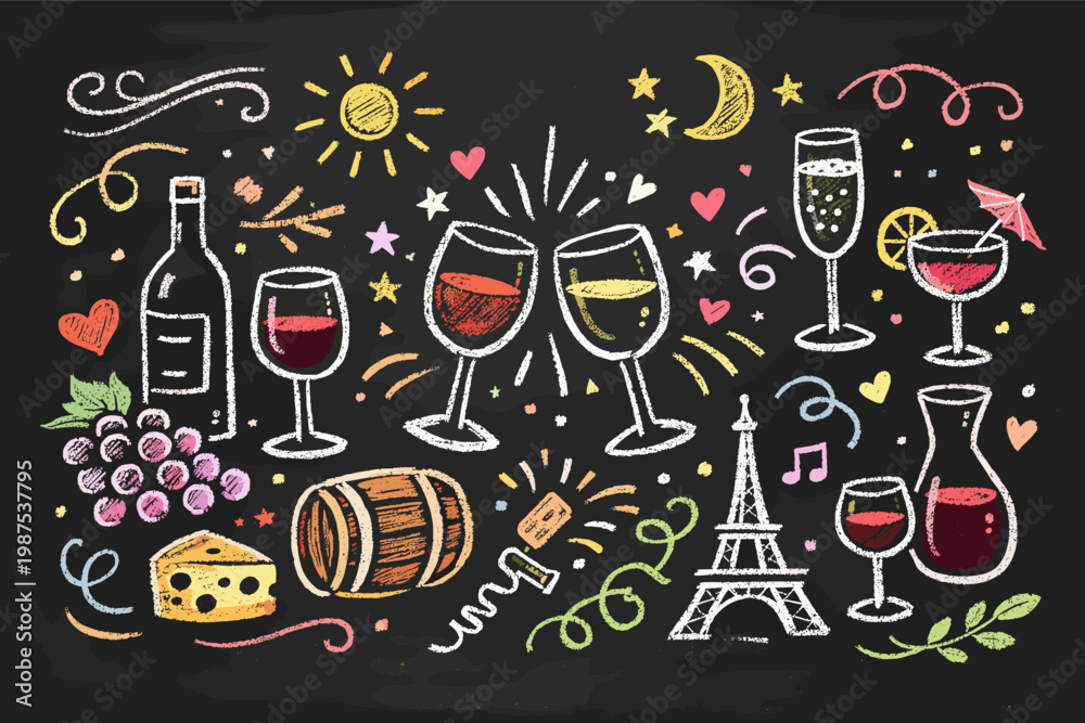 Obraz premium Whimsical chalk doodles of wine glasses, bottles, and cheese on a blackboard. Hand-drawn sketch of Parisian wine culture with Eiffel Tower, grapes, and barrel for party invitations and menus.