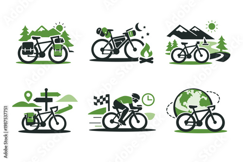 Set of Six Green and Black Vector Icons Illustrating Bicycle Travel Concepts like Touring with Panniers, Night Bikepacking by Campfire, Road Racing, and Global Cycling Adventures in Nature.