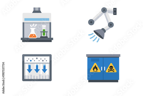 Laboratory Safety Equipment Icon Set Featuring Fume Hood with Beakers, Industrial Extraction Arm, HEPA Air Filter System, and Hazardous Chemical Storage Cabinet with Warning Signs Flat Vector