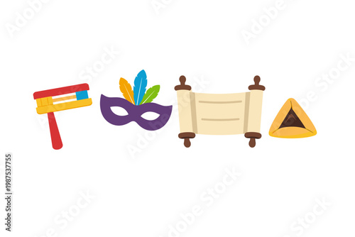 Purim holiday symbols including a colorful grogger noisemaker, a purple masquerade mask with feathers, a Megillah scroll, and a traditional hamantaschen cookie. Simple flat vector illustration.