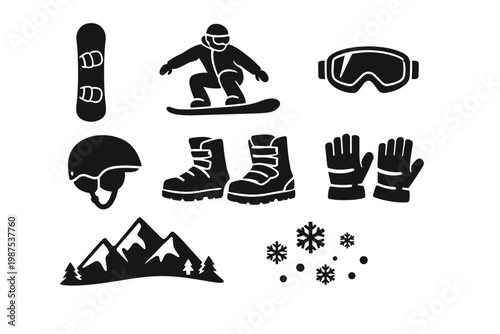 Snowboarding Solid Icon Set Featuring Snowboarder, Snowboard, Goggles, Helmet, Boots, Gloves, Mountains, and Snowflakes. Professional Winter Sports Equipment and Gear Silhouette Vector Illustration.