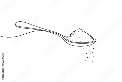 Continuous one line drawing of a spoon full of sugar or salt with falling grains. Minimalist black and white vector illustration of a teaspoon with powder for kitchen, cooking, and food themes.