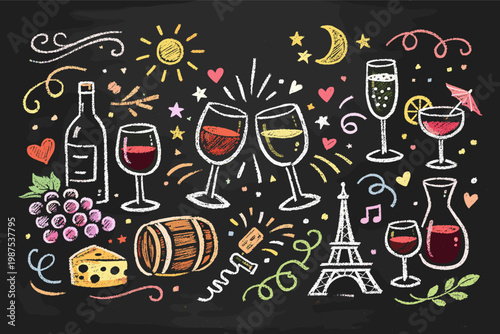 Whimsical chalk doodles of wine glasses, bottles, and cheese on a blackboard. Hand-drawn sketch of Parisian wine culture with Eiffel Tower, grapes, and barrel for party invitations and menus.