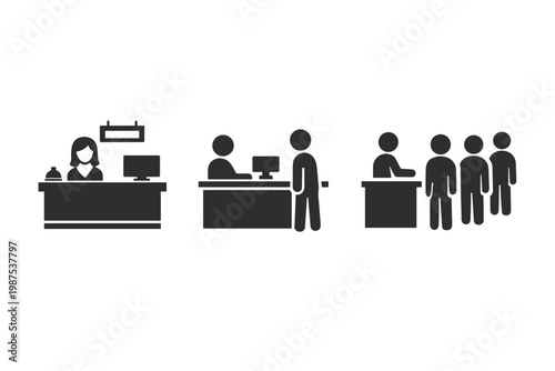 Reception counter and desk icon set with receptionist, customer service interaction, and people waiting in a queue. Flat vector illustration for business, hotel, bank, office, or retail services.