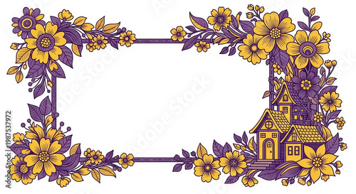 Floral frame design with yellow flowers and purple foliage 