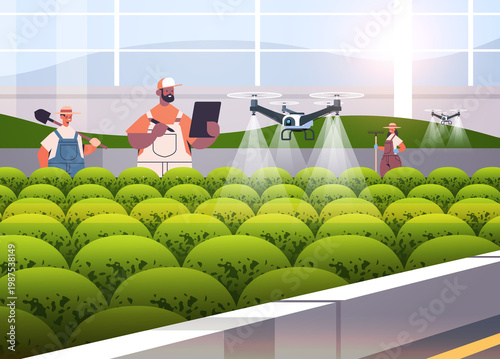 Farmers using drones and technology to monitor and care for plants in a modern greenhouse with large windows and a sunny landscape