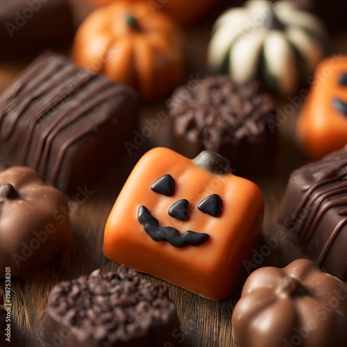 A collection of chocolate candies shaped like pumpkins and jack-o-lanterns