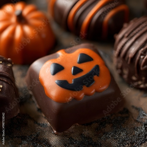 A close-up of chocolate Halloween candies on a decorative surface