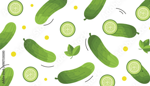 Vector illustration of cucumber pattern with whole cucumbers, slices, leaves, and decorative elements for fresh food design