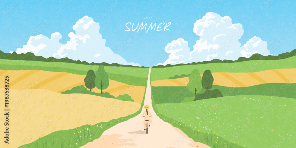 Naklejka premium Beautiful summer landscape with girl riding bicycle on a country road through green hills and fields. Scenic nature background in a soft flat style with white clouds. Vector illustration