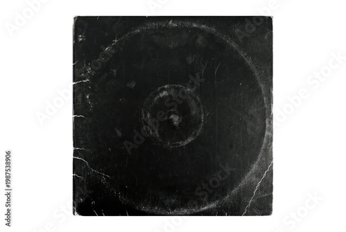 Old, worn black vinyl record sleeve with scratches and ring wear. Isolated on transparent background, png