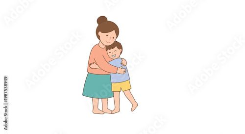 A mother and son share a warm embrace with colorful wildflowers nearby