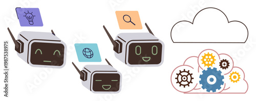 Artificial intelligence, cloud computing, automation, data management, innovation, research. Robots with icons for ideas, search and connectivity. Artificial intelligence and cloud computing concept