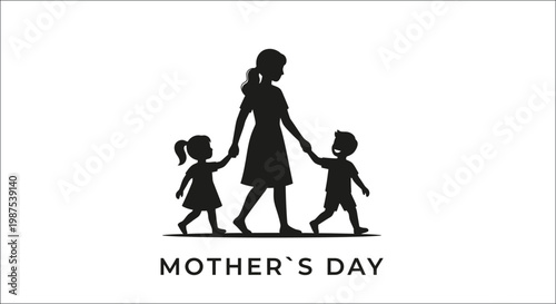 Silhouette of a mother walking hand in hand with her two children