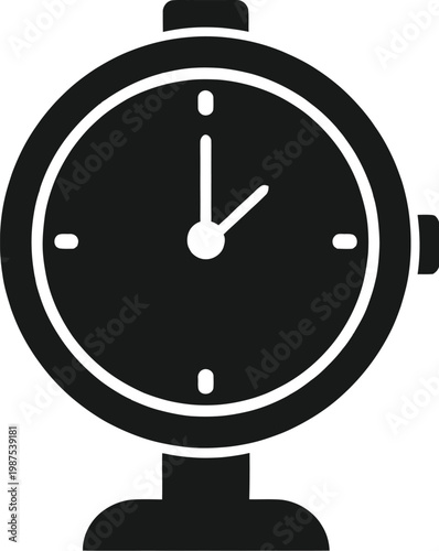 A black round table clock with a circular dial and number face isolated on white background, featuring business office time symbols like hour and minute hands in a vector illustration icon style