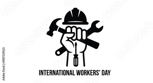 A clenched fist holding tools with a hard hat celebrating workers day