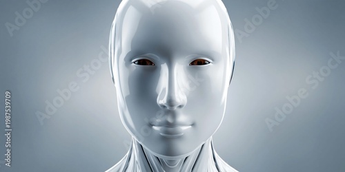 Close-up of a sleek, white humanoid robot with a featureless face and brown eyes