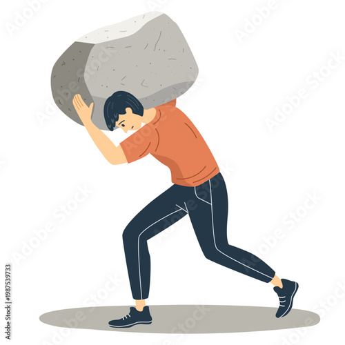 Man carrying heavy stone on his back. Exhausted worker struggling with burden and pressure. Concept of stress, hard work, responsibility, challenge, difficulty and mental exhaustion.