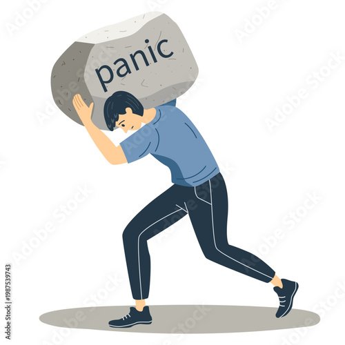 Man carrying heavy stone with panic text on back. Concept of stress, overwhelm, mental burden and anxiety. Emotional psychological pressure and difficult life challenges illustration.