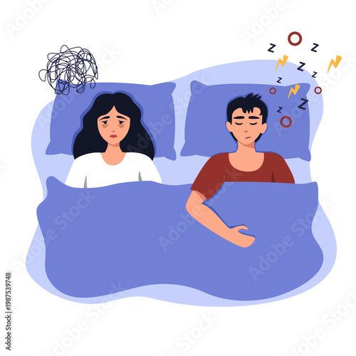 Woman and man with sleep problem in bed. Exhausted couple suffering from insomnia and nightmare. Stressful night, mental health struggle, anxiety and exhaustion, flat illustration.