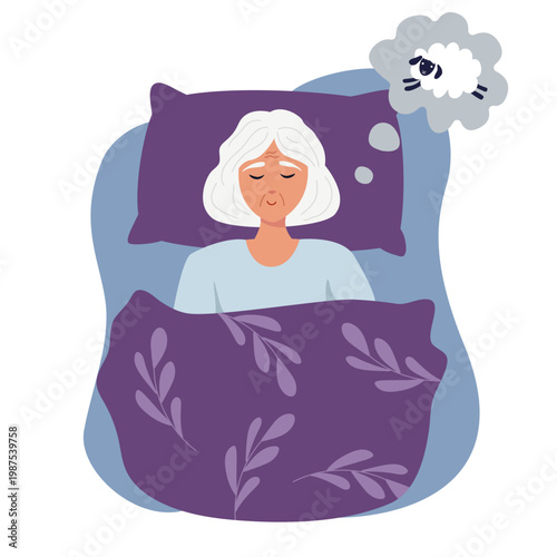 Senior woman sleeping in bed counting sheep to fall asleep. Concept of insomnia, restful sleep and bedtime routine.