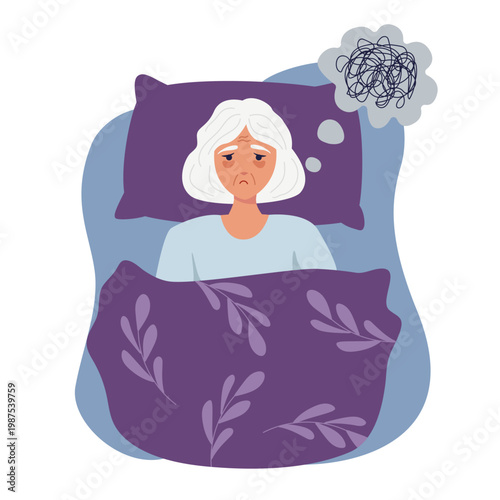 Senior woman with insomnia lying in bed. Elderly lady feeling stressed and anxious with racing thoughts at night. Sleep disorder, mental health struggle and chronic fatigue concept.