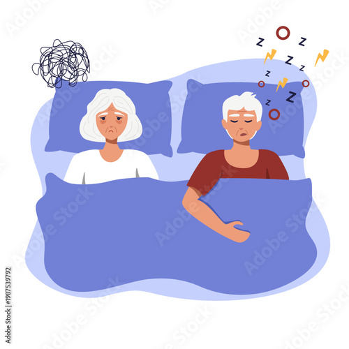 Tired senior woman lying in bed awake while elderly man snoring beside her. Sleeplessness and chronic insomnia concept.