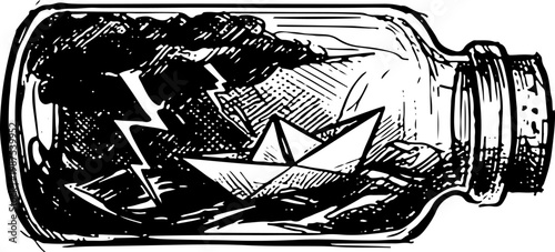 Conceptual Black and White Line Art Illustration of Glass Jar Containing Storm Cloud Lightning and Paper Boat Symbolizing Bottled Emotions Inner Turmoil and Hope for Stock Vector