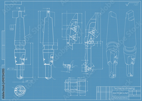 Mechanical engineering drawings on blue background. Cutting tools, milling cutter. Technical Design. Cover. Blueprint. Horizontal seamless pattern. Vector illustration.
