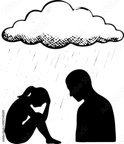 Conceptual Black and White Line Art Illustration of Sad Woman Sitting Under Rain Cloud with Standing Man Silhouette Symbolizing Depression Support and Emotional Distance for Stock Vector