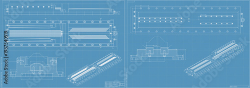 Mechanical engineering drawings on blue background. Cutting tools, milling cutter. Technical Design. Cover. Blueprint. Horizontal seamless pattern. Vector illustration.