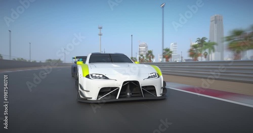 GT3 Gran turismo race cars drive side by side on a racing track, front view with motion blur, urban skyline and palm trees in background, high speed motorsport action