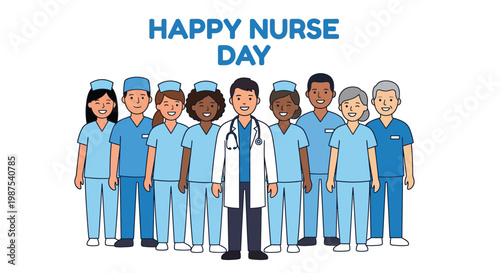 A diverse group of cartoon nurses celebrating happy nurse day