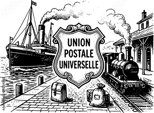 Vintage Black and White Engraving Illustration of Union Postale Universelle Shield with Steamship and Steam Train Symbolizing International Postal Service History for Stock Vector