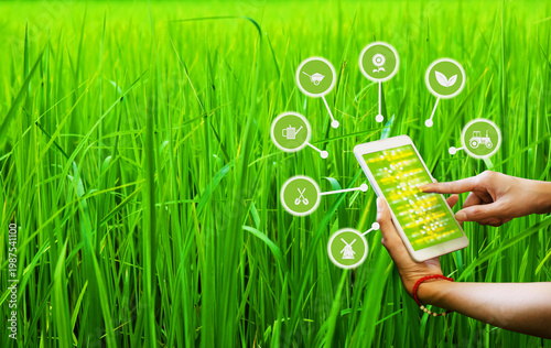 Fotografía Person holding smartphone with icons related to agriculture and technology in gr